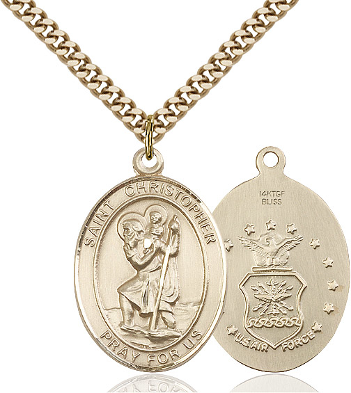 14kt Gold Filled Saint Christopher Air Force Pendant on a 24 inch Gold Plate Heavy Curb chain