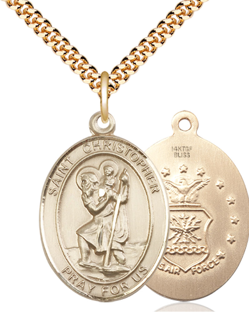 14kt Gold Filled Saint Christopher Air Force Pendant on a 24 inch Gold Plate Heavy Curb chain