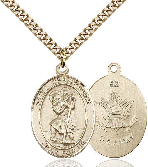 14kt Gold Filled Saint Christopher Army Pendant on a 24 inch Gold Plate Heavy Curb chain