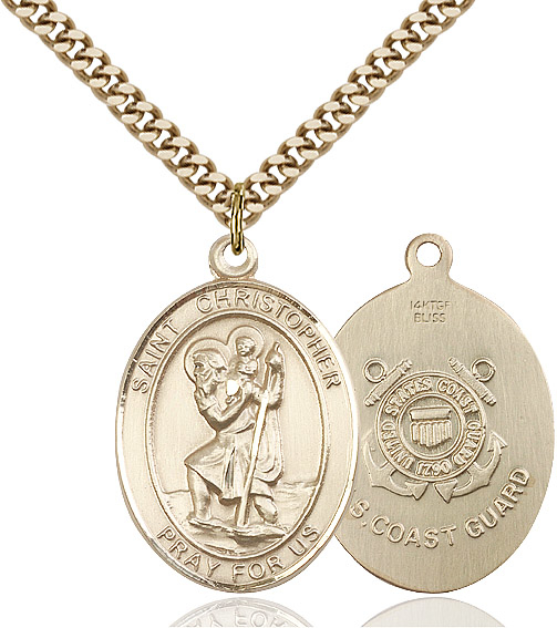 14kt Gold Filled Saint Christopher Coast Guard Pendant on a 24 inch Gold Plate Heavy Curb chain