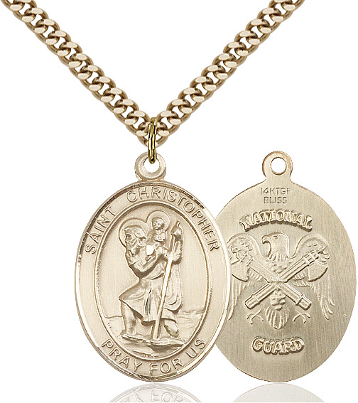 14kt Gold Filled Saint Christopher National Guard Pendant on a 24 inch Gold Plate Heavy Curb chain