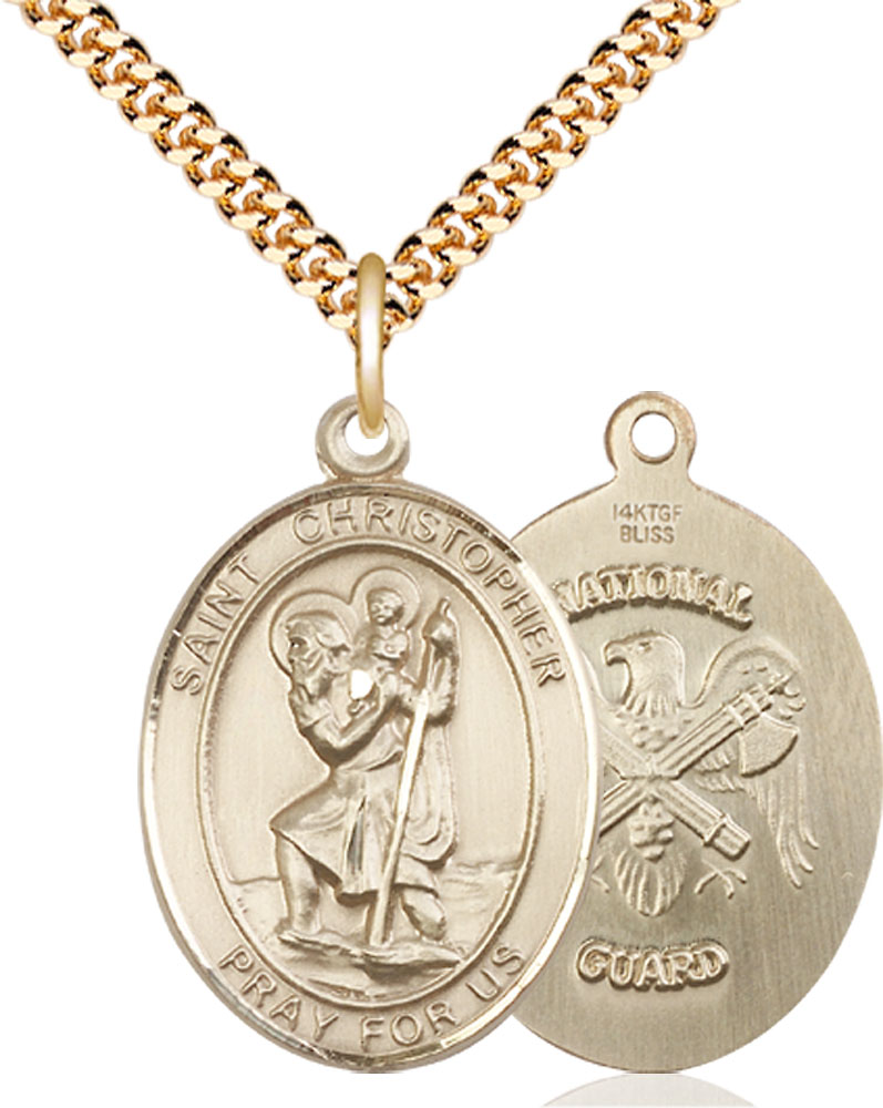 14kt Gold Filled Saint Christopher National Guard Pendant on a 24 inch Gold Plate Heavy Curb chain