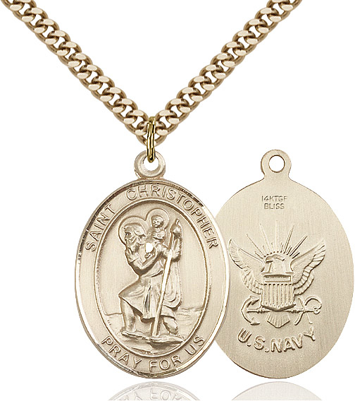 14kt Gold Filled Saint Christopher Navy Pendant on a 24 inch Gold Plate Heavy Curb chain