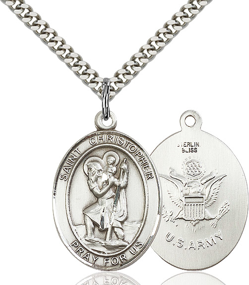 Sterling Silver Saint Christopher Army Pendant on a 24 inch Light Rhodium Heavy Curb chain