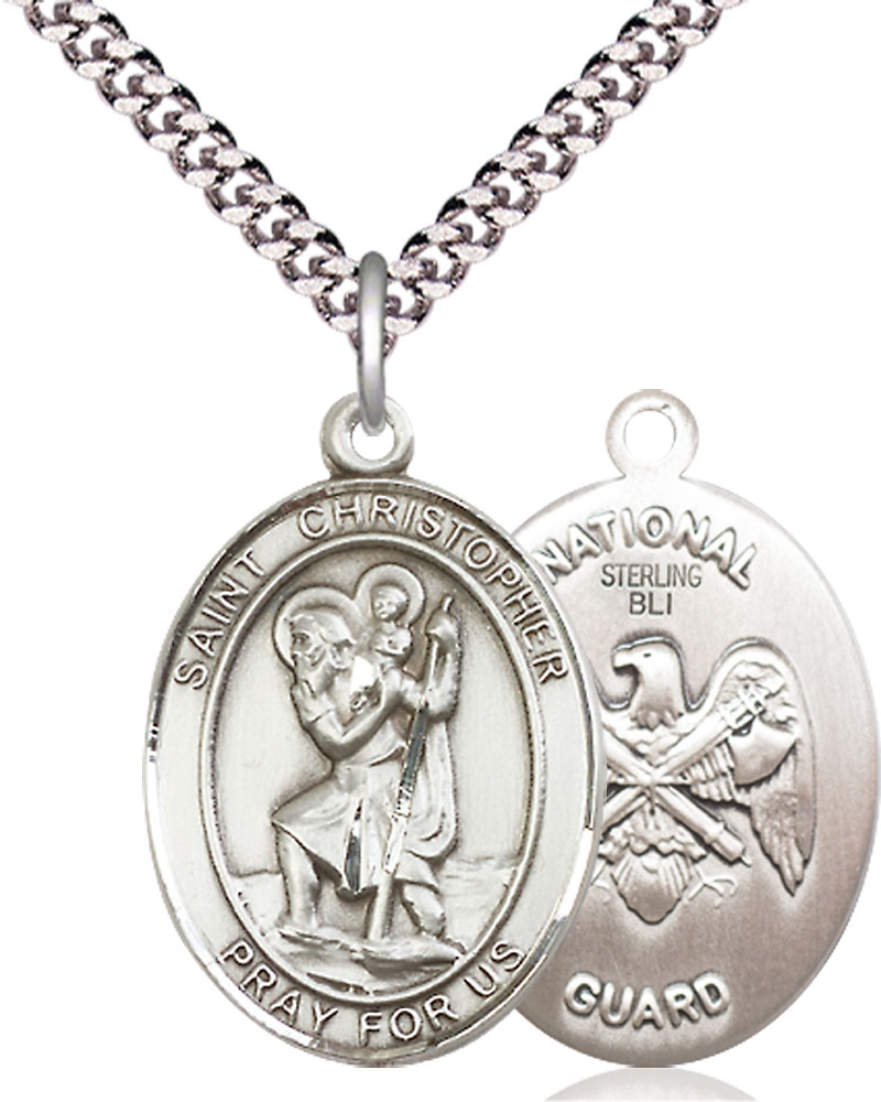 Sterling Silver Saint Christopher National Guard Pendant on a 24 inch Light Rhodium Heavy Curb chain