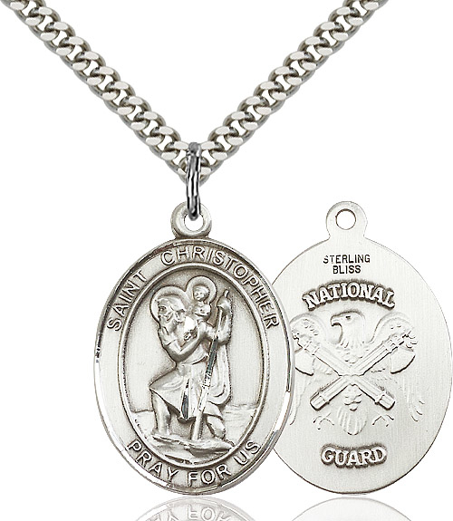 Sterling Silver Saint Christopher National Guard Pendant on a 24 inch Light Rhodium Heavy Curb chain