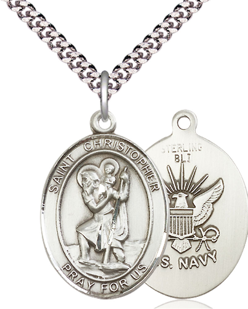 Sterling Silver Saint Christopher Navy Pendant on a 24 inch Light Rhodium Heavy Curb chain