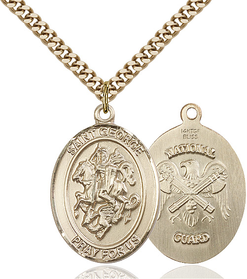 14kt Gold Filled Saint George National Guard Pendant on a 24 inch Gold Plate Heavy Curb chain
