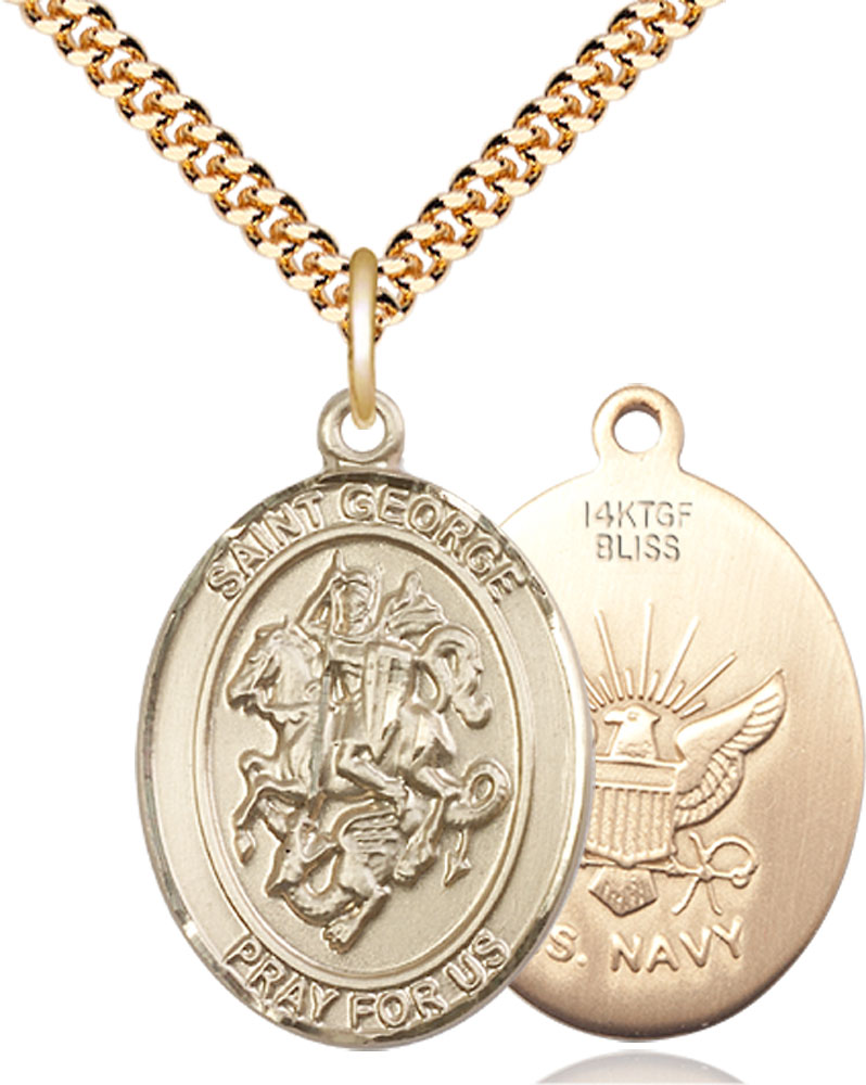 14kt Gold Filled Saint George Navy Pendant on a 24 inch Gold Plate Heavy Curb chain