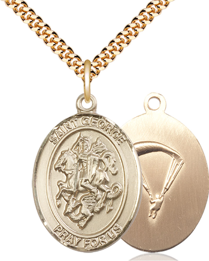 14kt Gold Filled Saint George Paratrooper Pendant on a 24 inch Gold Plate Heavy Curb chain