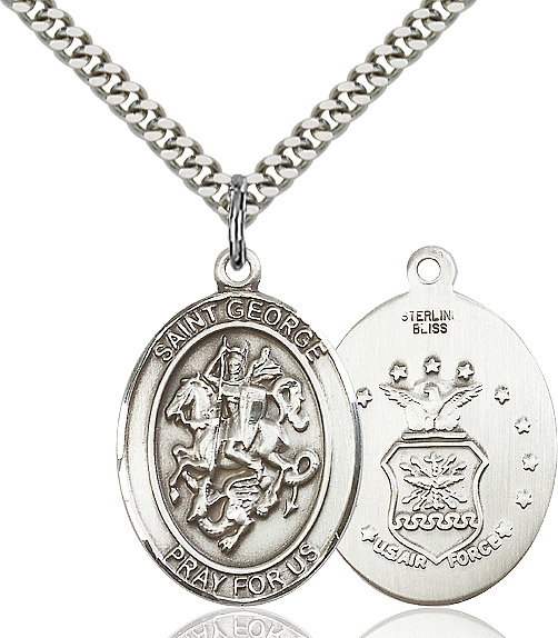Sterling Silver Saint George Air Force Pendant on a 24 inch Light Rhodium Heavy Curb chain