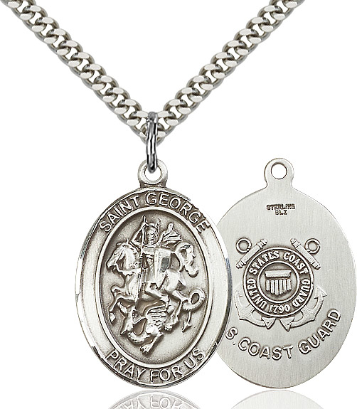 Sterling Silver Saint George Coast Guard Pendant on a 24 inch Light Rhodium Heavy Curb chain