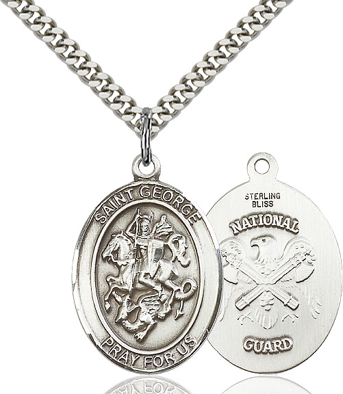 Sterling Silver Saint George National Guard Pendant on a 24 inch Light Rhodium Heavy Curb chain