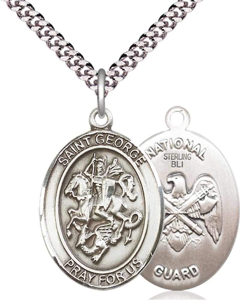 Sterling Silver Saint George National Guard Pendant on a 24 inch Light Rhodium Heavy Curb chain