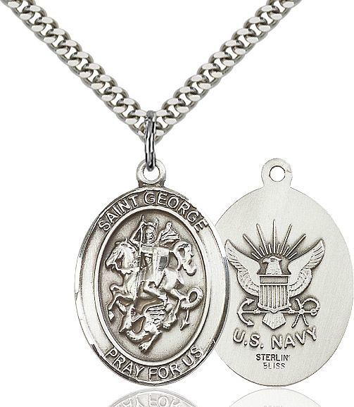 Sterling Silver Saint George Navy Pendant on a 24 inch Light Rhodium Heavy Curb chain