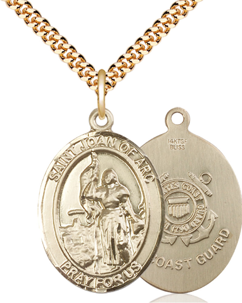 14kt Gold Filled Saint Joan of Arc  Coast Guard Pendant on a 24 inch Gold Plate Heavy Curb chain