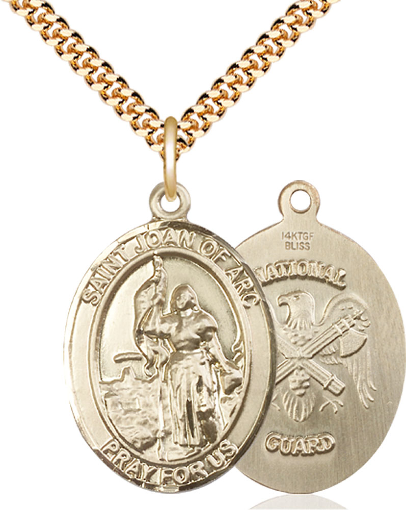 14kt Gold Filled Saint Joan of Arc National Guard Pendant on a 24 inch Gold Plate Heavy Curb chain