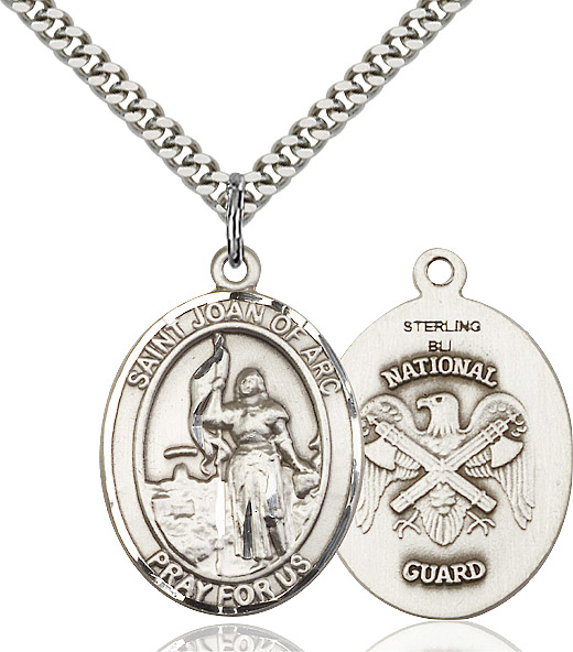 Sterling Silver Saint Joan of Arc National Guard Pendant on a 24 inch Light Rhodium Heavy Curb chain