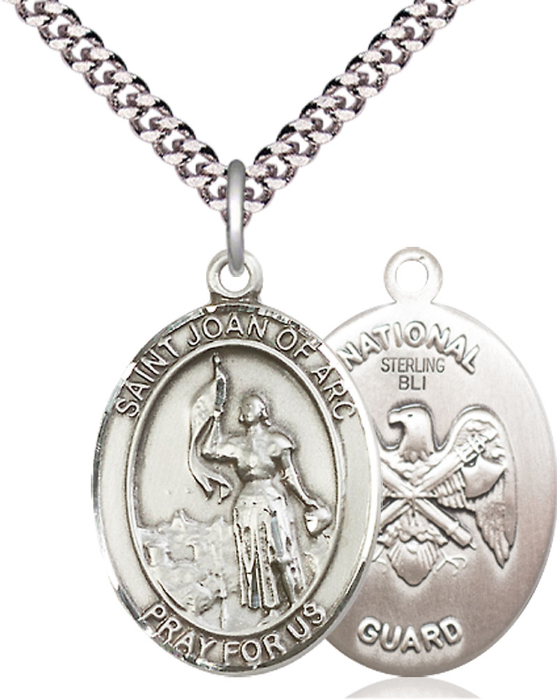 Sterling Silver Saint Joan of Arc National Guard Pendant on a 24 inch Light Rhodium Heavy Curb chain