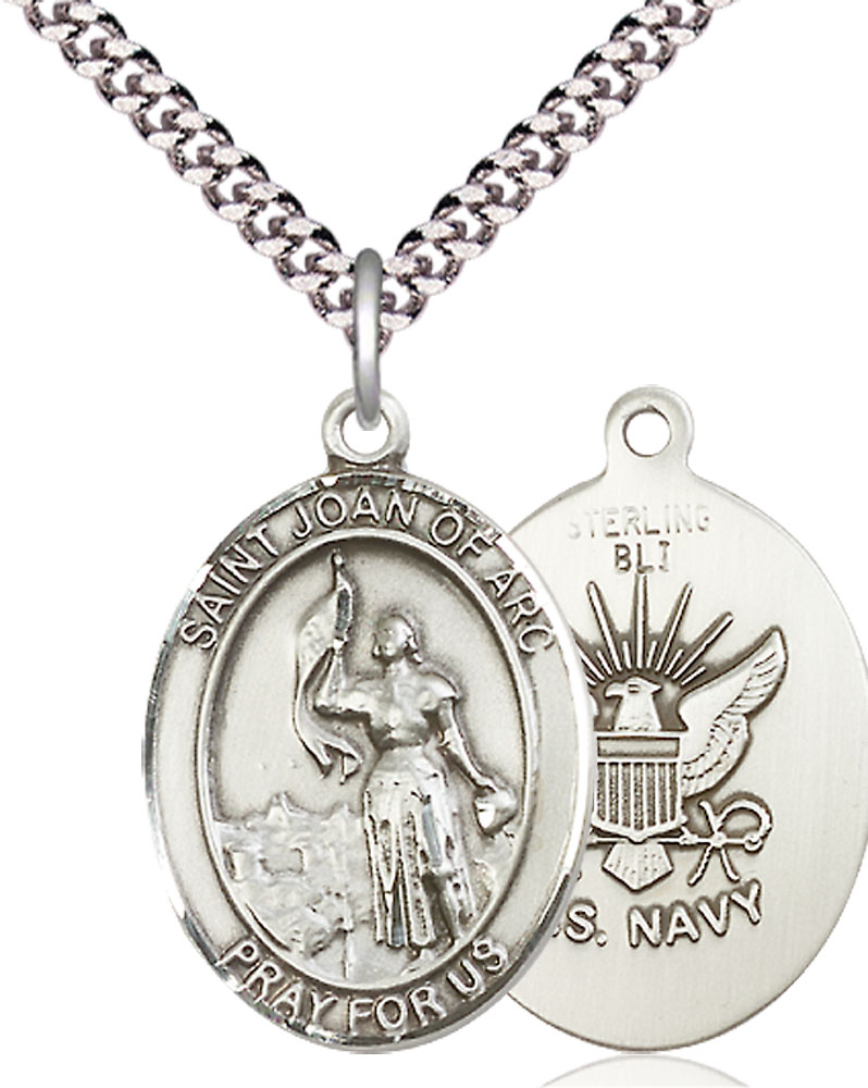 Sterling Silver Saint Joan of Arc Navy Pendant on a 24 inch Light Rhodium Heavy Curb chain