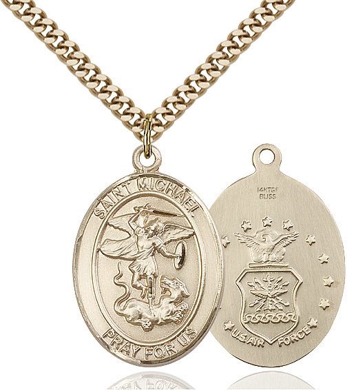 14kt Gold Filled Saint Michael Air Force Pendant on a 24 inch Gold Plate Heavy Curb chain