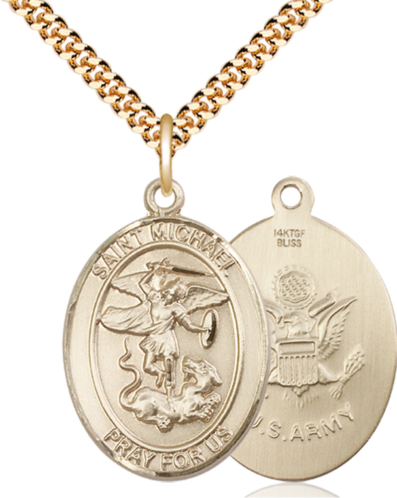 14kt Gold Filled Saint Michael Army Pendant on a 24 inch Gold Plate Heavy Curb chain
