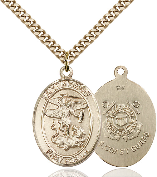 14kt Gold Filled Saint Michael Coast Guard Pendant on a 24 inch Gold Plate Heavy Curb chain