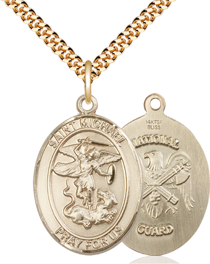 14kt Gold Filled Saint Michael National Guard Pendant on a 24 inch Gold Plate Heavy Curb chain
