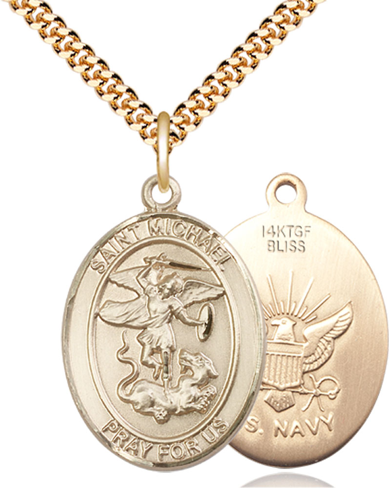 14kt Gold Filled Saint Michael Navy Pendant on a 24 inch Gold Plate Heavy Curb chain