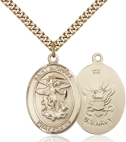 14kt Gold Filled Saint Michael Navy Pendant on a 24 inch Gold Plate Heavy Curb chain