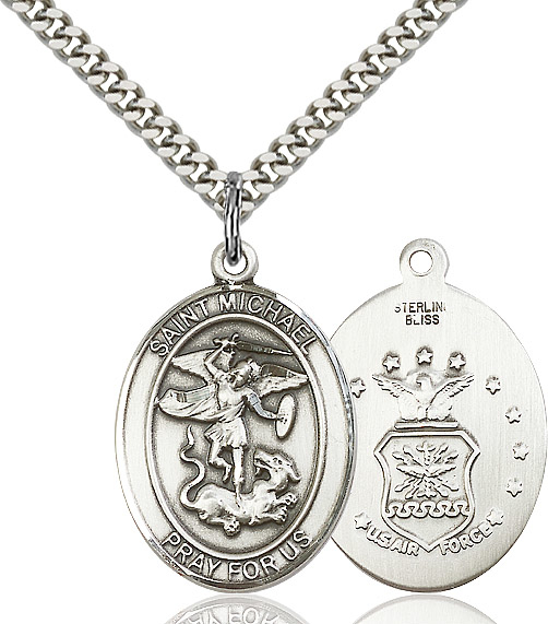 Sterling Silver Saint Michael Air Force Pendant on a 24 inch Light Rhodium Heavy Curb chain