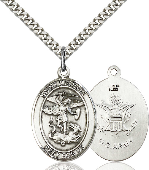 Sterling Silver Saint Michael Army Pendant on a 24 inch Light Rhodium Heavy Curb chain