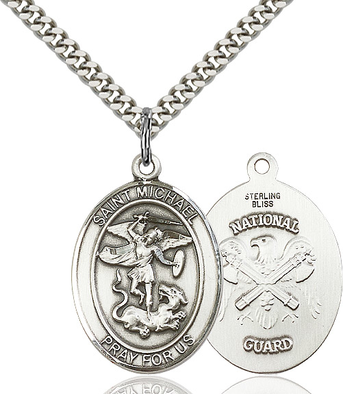 Sterling Silver Saint Michael National Guard Pendant on a 24 inch Light Rhodium Heavy Curb chain