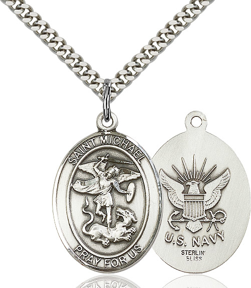 Sterling Silver Saint Michael Navy Pendant on a 24 inch Light Rhodium Heavy Curb chain