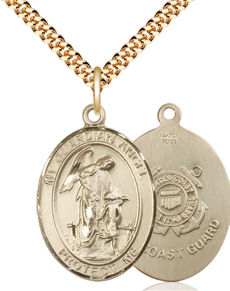 14kt Gold Filled Guardian Angel Coast Guard Pendant on a 24 inch Gold Plate Heavy Curb chain