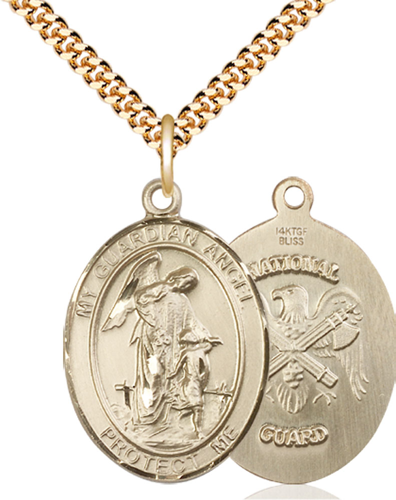 14kt Gold Filled Guardian Angel National Guard Pendant on a 24 inch Gold Plate Heavy Curb chain