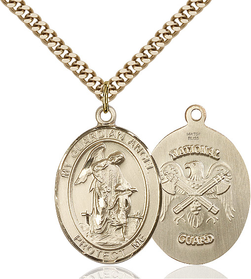 14kt Gold Filled Guardian Angel National Guard Pendant on a 24 inch Gold Plate Heavy Curb chain