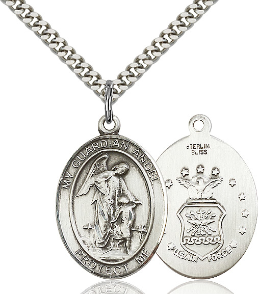 Sterling Silver Guardian Angel Air Force Pendant on a 24 inch Light Rhodium Heavy Curb chain