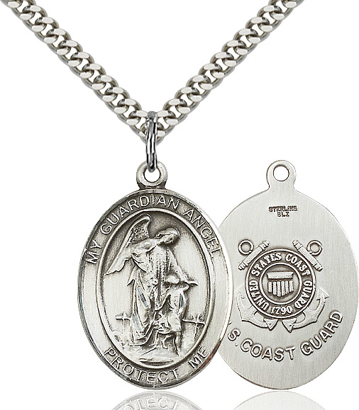 Sterling Silver Guardian Angel Coast Guard Pendant on a 24 inch Light Rhodium Heavy Curb chain