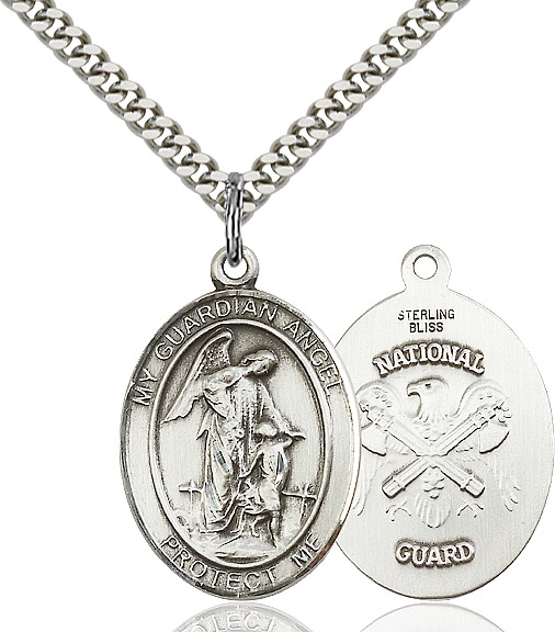 Sterling Silver Guardian Angel National Guard Pendant on a 24 inch Light Rhodium Heavy Curb chain