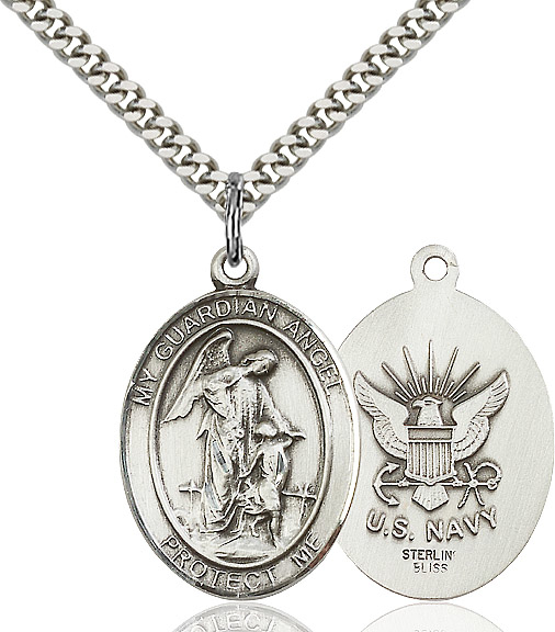 Sterling Silver Guardian Angel Navy Pendant on a 24 inch Light Rhodium Heavy Curb chain