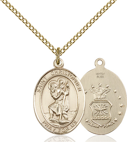 14kt Gold Filled Saint Christopher Air Force Pendant on a 18 inch Gold Filled Light Curb chain