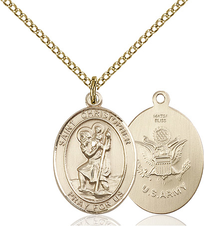 14kt Gold Filled Saint Christopher Army Pendant on a 18 inch Gold Filled Light Curb chain