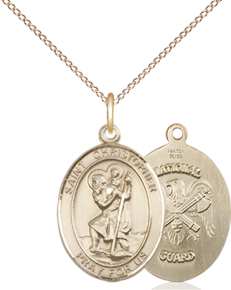 14kt Gold Filled Saint Christopher National Guard Pendant on a 18 inch Gold Filled Light Curb chain