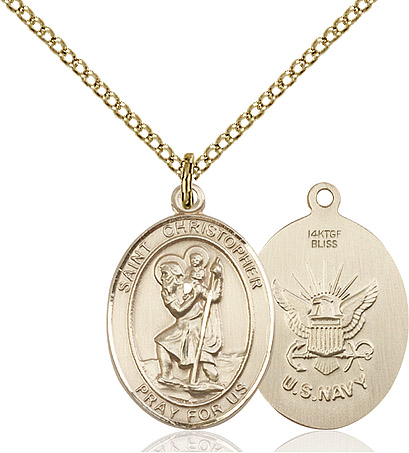 14kt Gold Filled Saint Christopher Navy Pendant on a 18 inch Gold Filled Light Curb chain