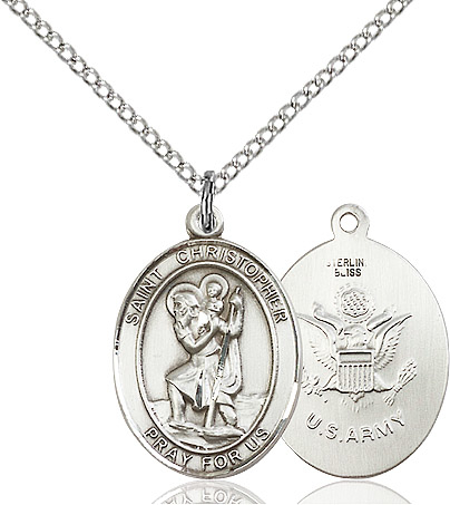 Sterling Silver Saint Christopher Army Pendant on a 18 inch Sterling Silver Light Curb chain