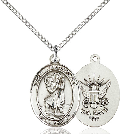 Sterling Silver Saint Christopher Navy Pendant on a 18 inch Sterling Silver Light Curb chain