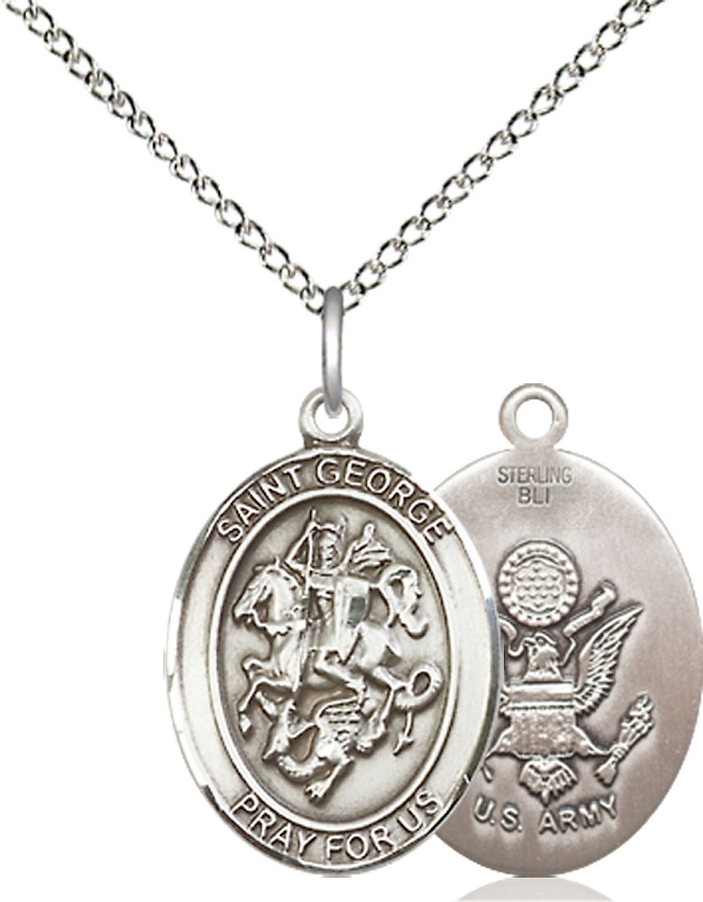 Sterling Silver Saint George Army Pendant on a 18 inch Sterling Silver Light Curb chain