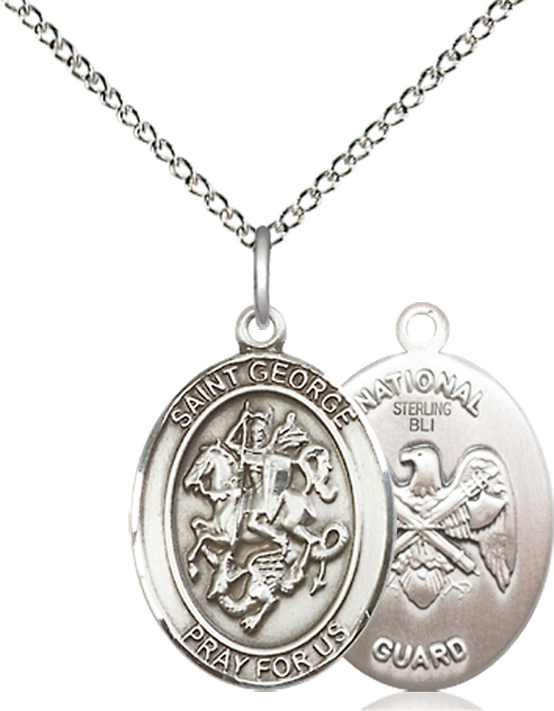 Sterling Silver Saint George National Guard Pendant on a 18 inch Sterling Silver Light Curb chain