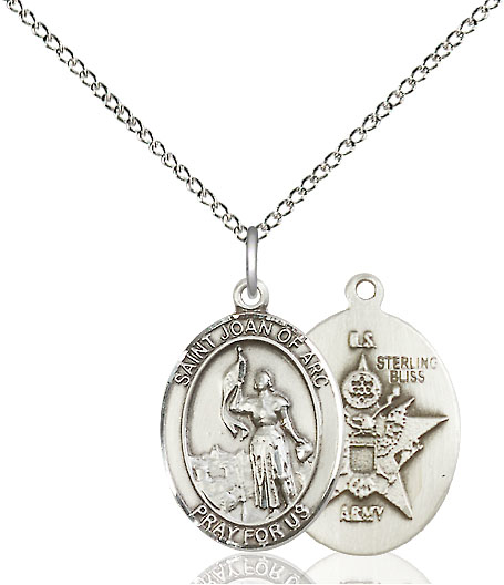 Sterling Silver Saint Joan of Arc Army Pendant on a 18 inch Sterling Silver Light Curb chain